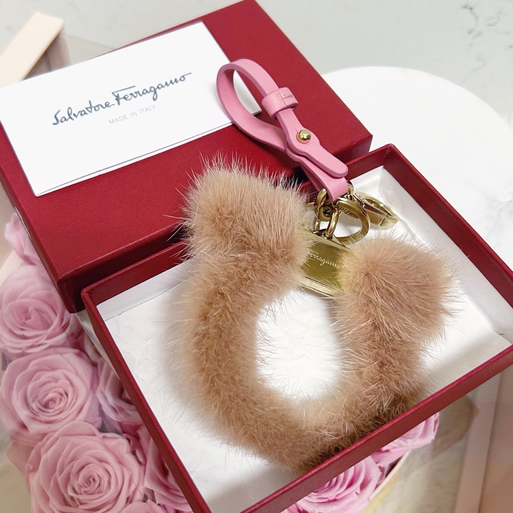 Authentic Salvatore Ferragamo RARE / HTF Antique Rose & Pink Fur Logo Bag Charm